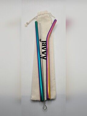 Javvy 4pcs Rainbow Stainless Steel Drinking Straws Set Brush & Pouch Bag NEW